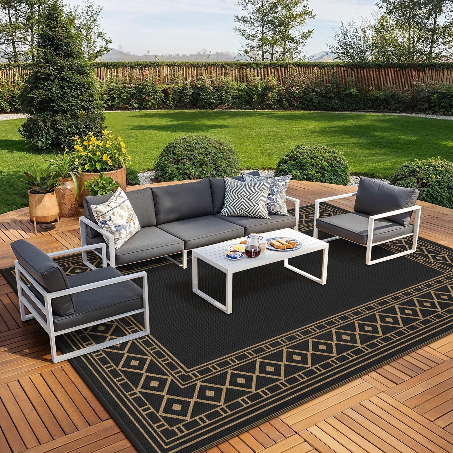 GENIMO Outdoor Rug Waterproof 10'x14' for Patio, Foldable Reversible Plastic Straw Carpet for Travel Trailers, Outside Area Mat for Rv, Deck, Picnic, Porch, Camper, Balcony, Beach, Black & Brown