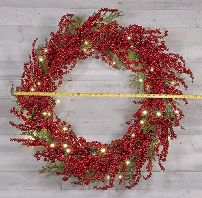Red Co. 30” Light-Up Christmas Wreath with Red Cranberries, Battery-Operated LED Lights with Timer