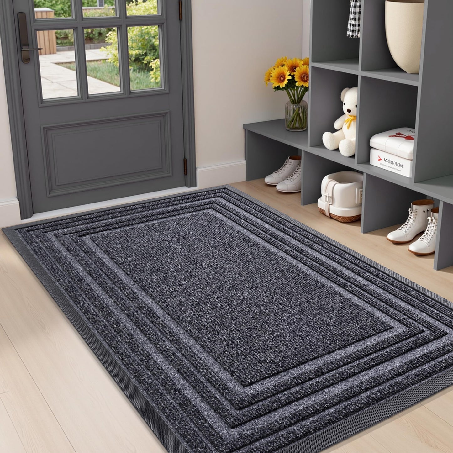 Buganda Front Door Mat Indoor Outdoor Entrance, Non-Slip Natural Rubber Doormats, Easy Clean, Low Profile, Dirt Trapper Entryway Floor Mats for Outside, Garages and Patios, 47x32, Grey