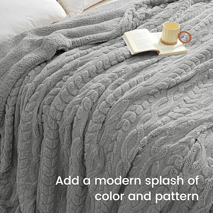 PHF Fluffy Sherpa Blanket Twin Size for Winter, Warm and Soft, 510GSM 3D Jacquard Thick Shaggy Fleece Plush Blanket for Sofa Bed, Grey, 60"x80"