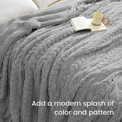 PHF Fluffy Sherpa Blanket Twin Size for Winter, Warm and Soft, 510GSM 3D Jacquard Thick Shaggy Fleece Plush Blanket for Sofa Bed, Grey, 60"x80"