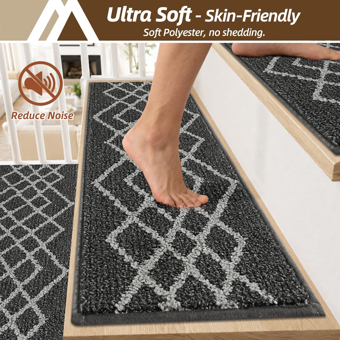 COSY HOMEER Soft Stair Treads Non-Slip Carpet Mat 28inX9in Indoor Stair Runners for Wooden Steps,Stair Rugs for Kids and Dogs, 100% Polyester TPE Backing 7pcs,Black,Rhombus