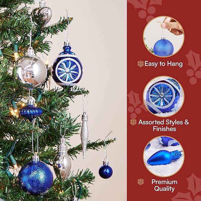 Joiedomi 70Pcs Assorted Christmas Ornaments Set with Ball Ornaments, Star Topper and Heart, Hanging Shatterproof Christmas Ornaments for Holidays and Xmas Tree Ornaments (Blue, Silver&White)