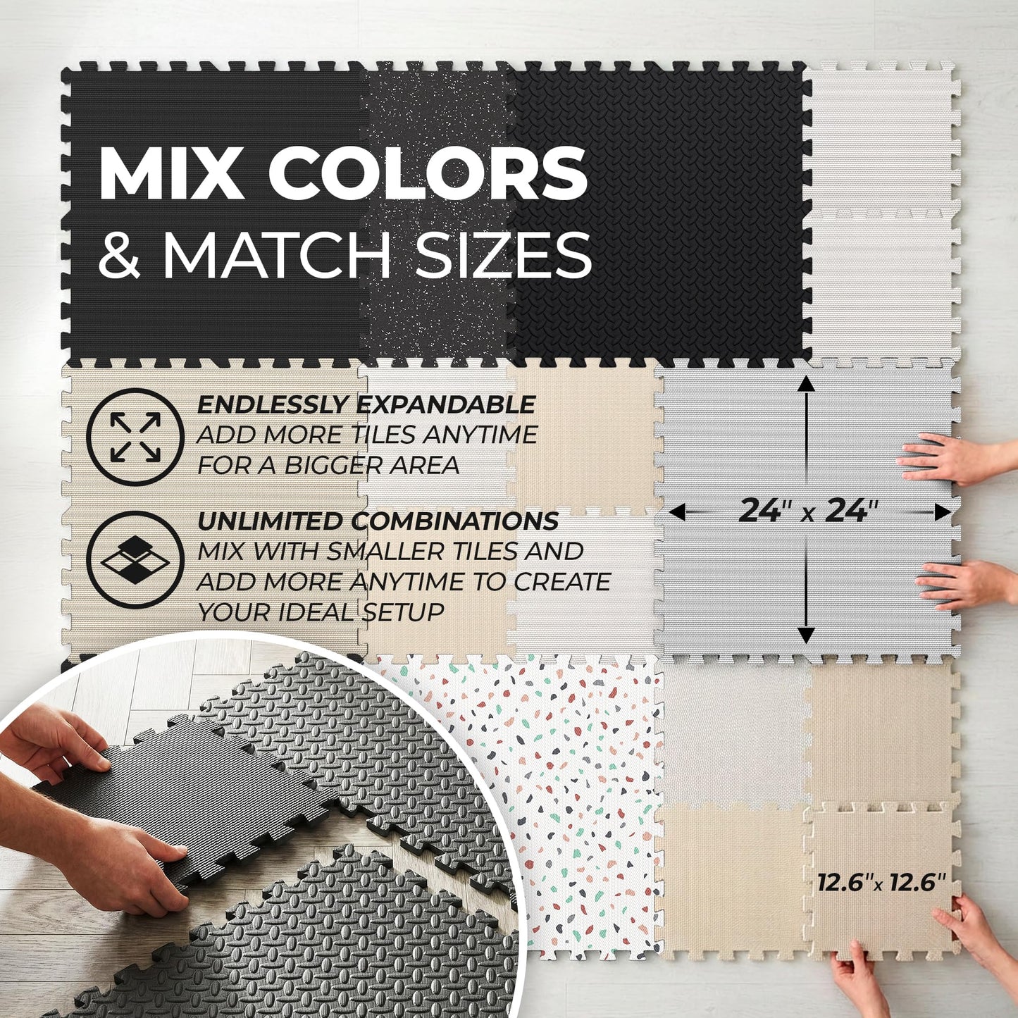 bemaxx Gym Mats Set - 12 pcs EVA Interlocking Foam Floor Tiles (24.4"x24.4"x0.4") 48 sqft Protective Gym Flooring Sports Home Workout Exercise Mats Puzzle Garage Fitness Play-Room Pool Treadmill Bike
