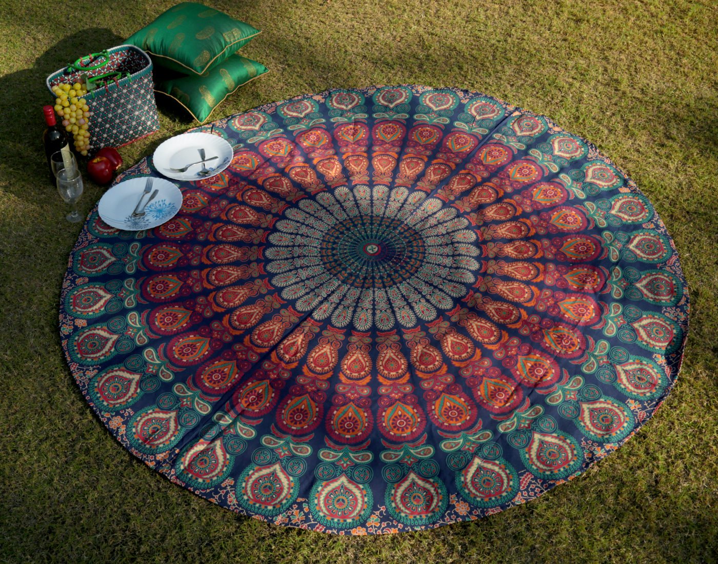 RAJRANG Boho Mandala Roundie Gypsy Hippie Tapestry Decorative Cotton Tablecloth Meditation Yoga Mat - Golden Blue - 72 Inches