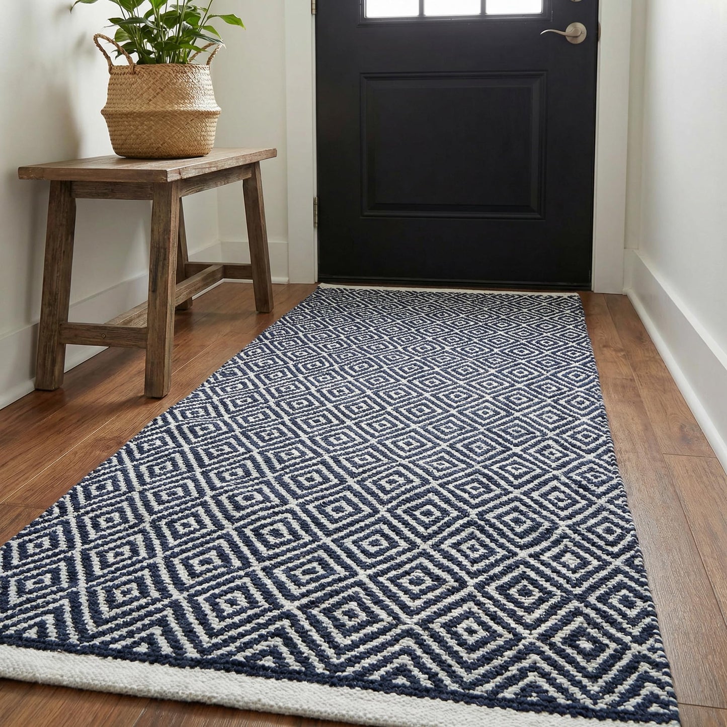 Chenille Cotton Diamond Runner Rug 2x5 Feet - Navy, Reversible Washable Soft Floor Runners Ideal for Kitchen, Hallway, Bedroom, Bathroom | Blue Farmhouse Boho Indoor Use Rugs for Patio Décor