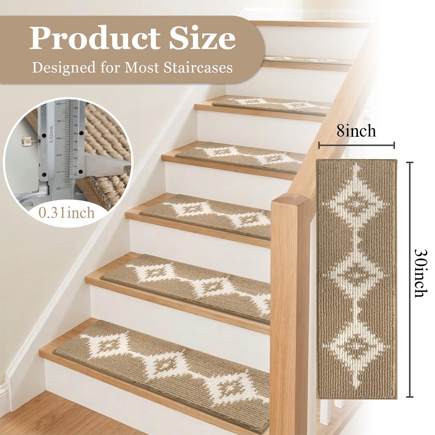 TANVILL Stair Treads for Wooden Steps, Non-Slip Peel and Stick Carpet Stair Runner, Boho Pet Friendly Indoor Stair Protectors, Soft Washable Reusable,8x30 15Pcs,Brown