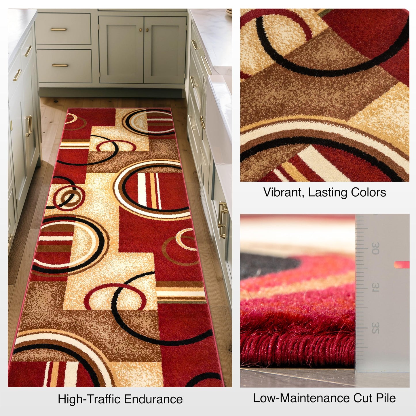 Well Woven Custom Size Hallway Stair Runner- Choose Length - Deco Rings Red Geometric Modern 26 Inch Wide x 25 Feet Long Runner (26" x 25') Abstract Color Block Carpet