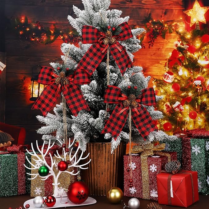 Xinnun 4 Pieces Christmas Buffalo Plaid Bows with Pine Cones Pine Needles Xmas Plaid Bow Ornament Christmas Tree Wreath Decoration for Holiday Parties DIY Crafts Home Decor (Red,Black)