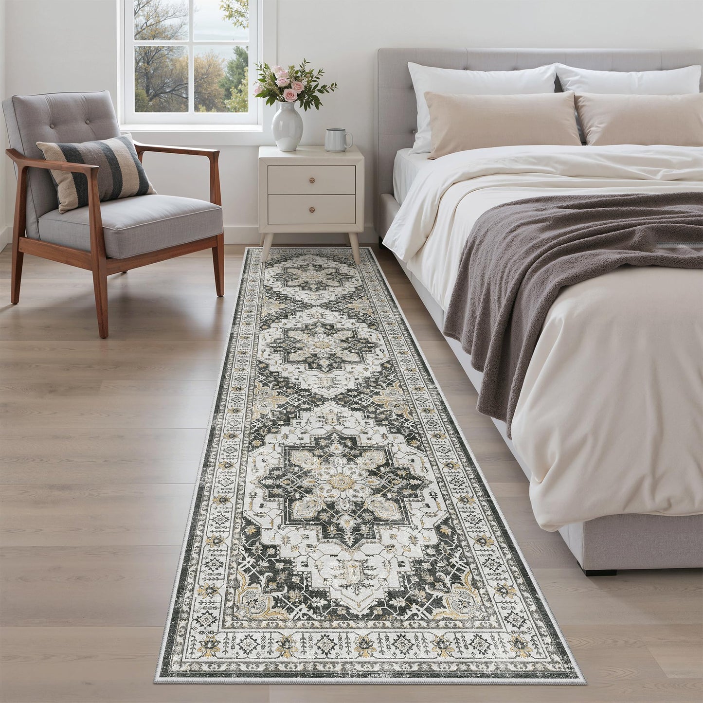 Madane Runner Rug 2x8, Washable Hallway Runner Rugs, Non-Slip Low-Pile Soft Kitchen Rug Runner Laundry Room Rug, Vintage Throw Entry Foyer Mat for Entrance Living Room (Black, 2 x 8)