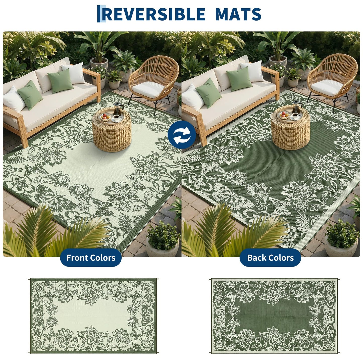 GarveeHome Outdoor Rug 9x18 Patio Waterproof, Reversible Plastic Straw Rugs for Camping, Picnic, Balcony, Porch, RV, Easy-Clean & Quick Dry Floral Pattern Large Indoor Outdoor Carpet, Green