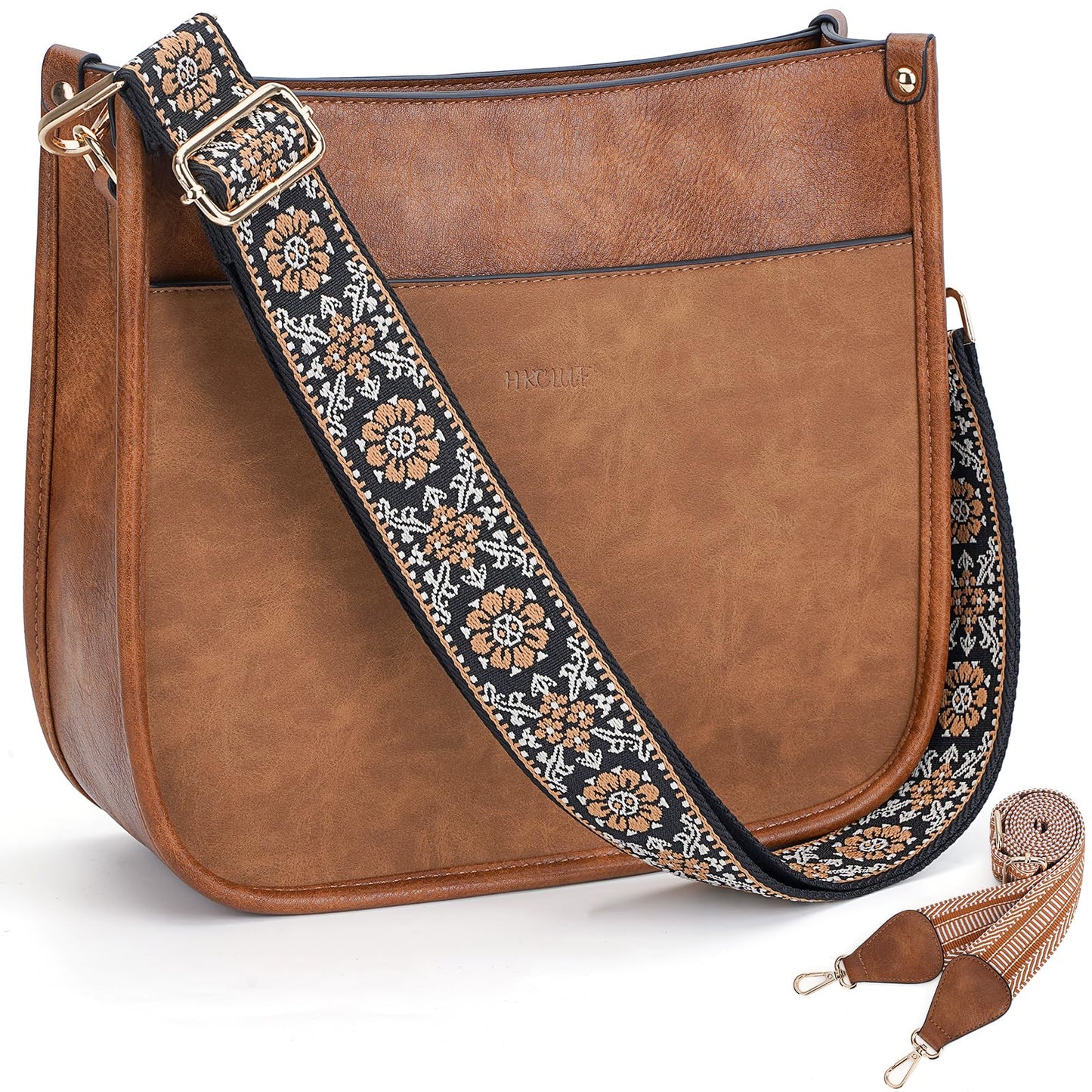 HKCLUF Crossbody Bags for Women Trendy Vegan Leather Hobo Handbags With 2PCS Adjustable Guitar Strap Crossbody Shoulder Bag Purse For Women(Stitching Brown)