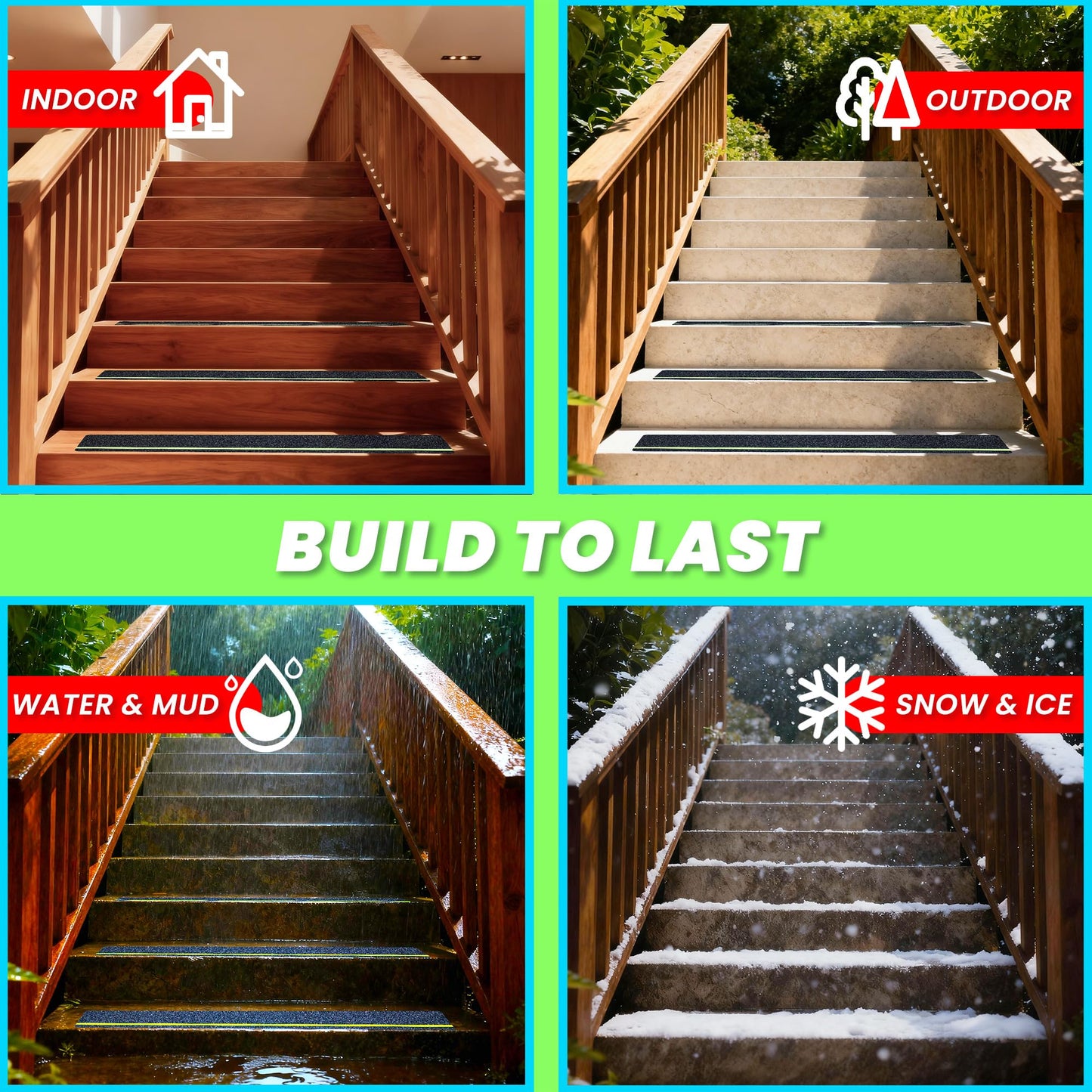 LifeGrip Anti Slip Traction Treads 10 Pack, 6"x32" with Glow in Dark Stripe, Best Grip Tape Grit Non Slip, Outdoor Non Skid Tape, High Traction Friction Abrasive Adhesive for Stairs Step