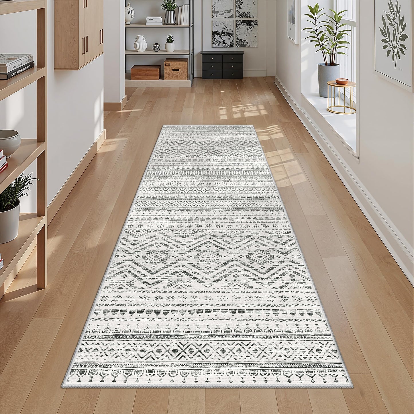 Miukiki 2x6 Hallway Runner Rug Moroccan Washable Kitchen Rug Non Slip Indoor Floor Kitchen Runner Rug Foldable Carpet for Bathroom Laundry Room with Low Pile(Grey,2'x6')