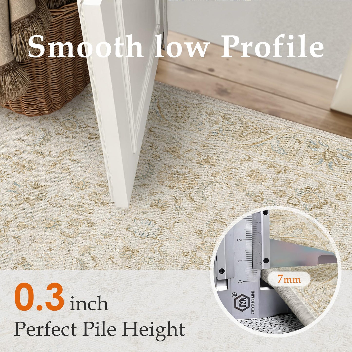 WondRg 8x10 Washable Area Rug for Living Room Bedroom Beige Low Pile Non Slip Rug Neutral Distressed Carpet Dining Room Classroom Playroom Home Decor