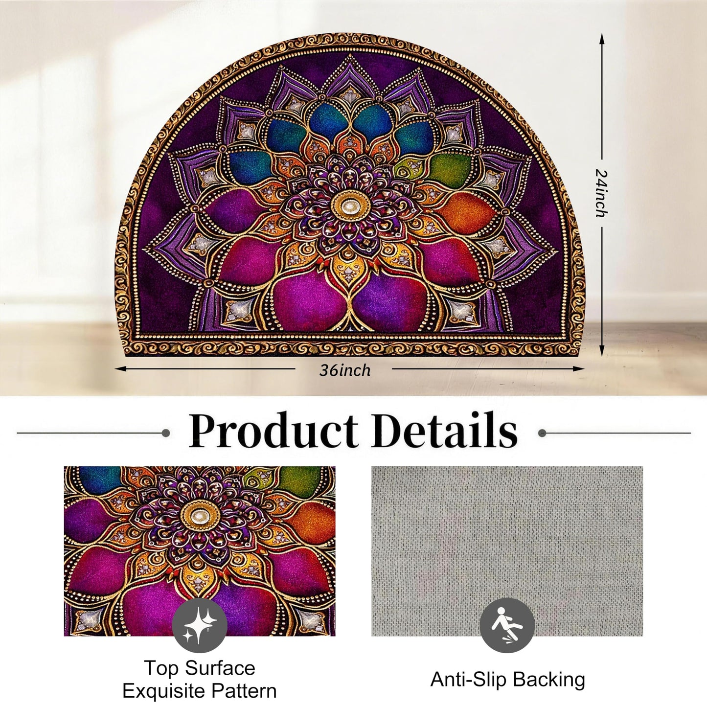 Half Circle Door Mat 24"x36" Non-Slip Washable Welcome Mat, Pinkish-Purple Datura Low Profile Front Door Mat Semicircular Entrance Doormat, Dirt Trapper Floor Mat for Indoor Outdoor Entryway Patio