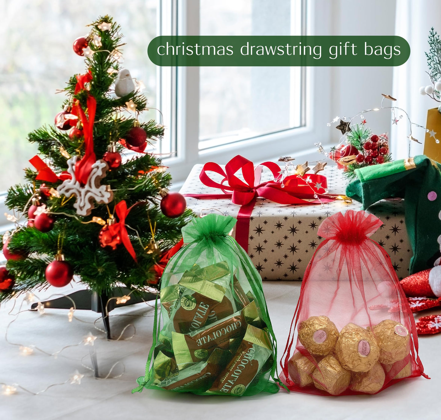 Jexila 100PCS Red Organza Gift Bags 5''X7'' Sheer Mesh Drawstring Pouch for Jewelry Christmas Mother's Day Party Favor Goodie Candy Treat Bags