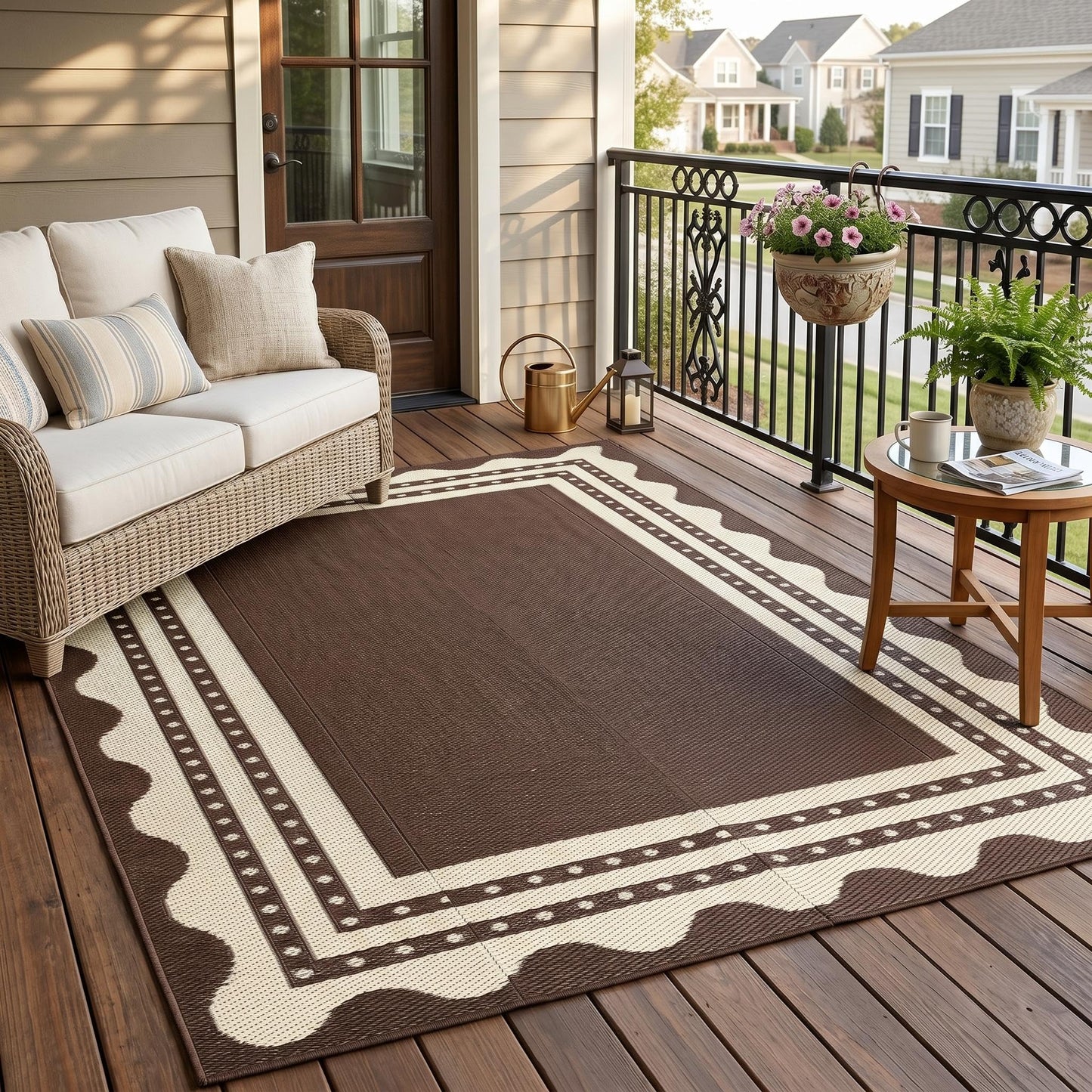IDEALHOUSE Waterproof Outdoor Rug 9x12 for Patio, Reversible Modern Area Rug, Large Plastic Straw Mat for Camping, RV, Porch, Backyard, Deck, Picnic, Beach, Brown & Beige