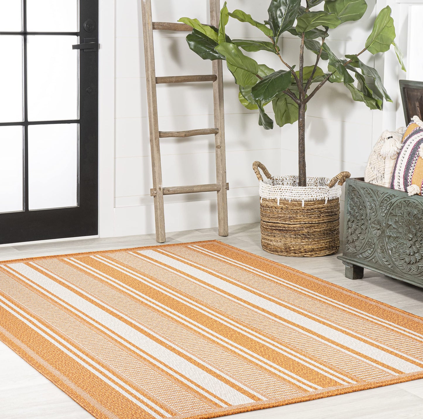 JONATHAN Y Double Stripe Indoor Outdoor Area Rug 3X5 Orange/Cream, Haynes Modern for Backyard, Patio, Porch, Easy-Cleaning, High Traffic, Pet-Friendly, Non-Shedding (SMB202C-3)