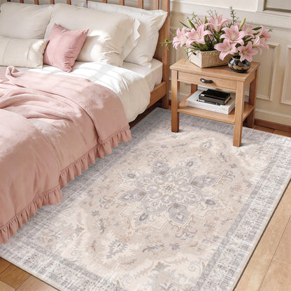 TTelephant 4x6 Bedroom Rug, Soft Non-Slip Vintage Medallion Rug, Low-Pile Printed Indoor 4x6 Washable Area Rugs for Living Room, Bedroom Bedside -Light Blush/Cream