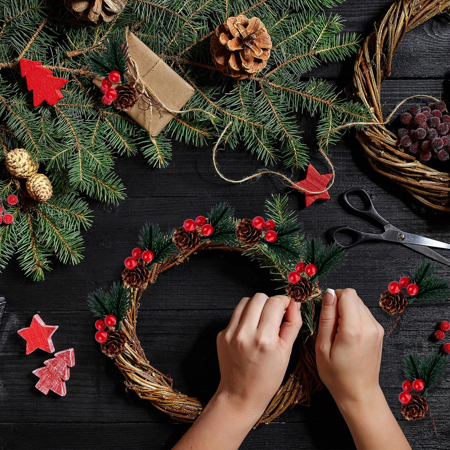 Prdingfy 10 PCS Christmas Snow Covered Pine Needles Branches with Red Berries, Christmas Floral Pick Mini Pinecone Picks for Holiday Wreath,Tree Ornaments