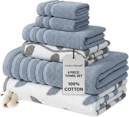 Modern Threads Organic Vines 6-Piece 100% Cotton Towel Set – Yarn Dyed Jacquard