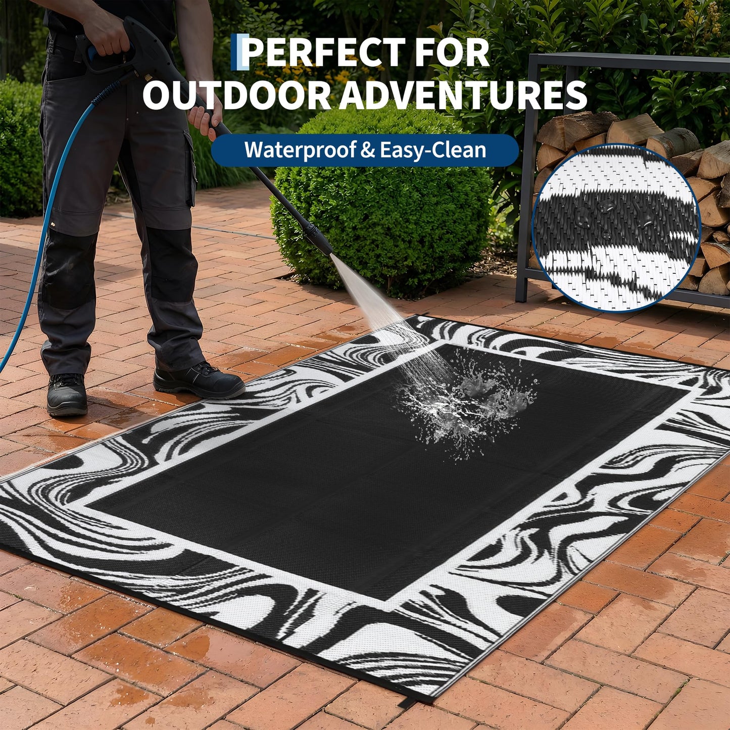 Garvee Black and White Outdoor Rug 5x8 for Camping Waterproof Quick Dry Plastic Straw Carpet Reversible Lightweight Patio Rug Easy to Clean for RV, Deck, Balcony, Backyard, Picnic, Beach, Black White