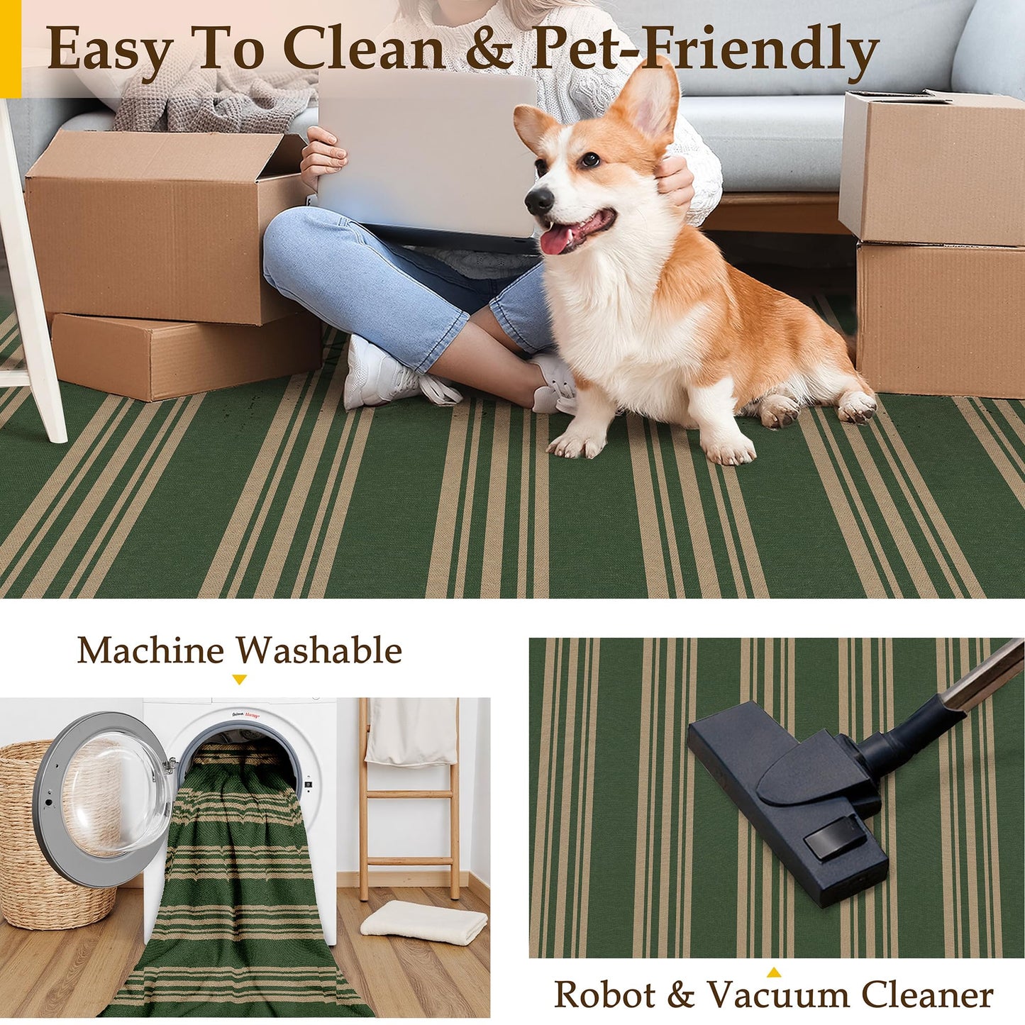 PureCozy Striped Easy Jute Rug 5x7 Green Living Room Carpet Washable Non Slip Bedroom Office Rug Farmhouse Neutral Non Shedding Indoor Outdoor Large Carpet for Kitchen Dining Room