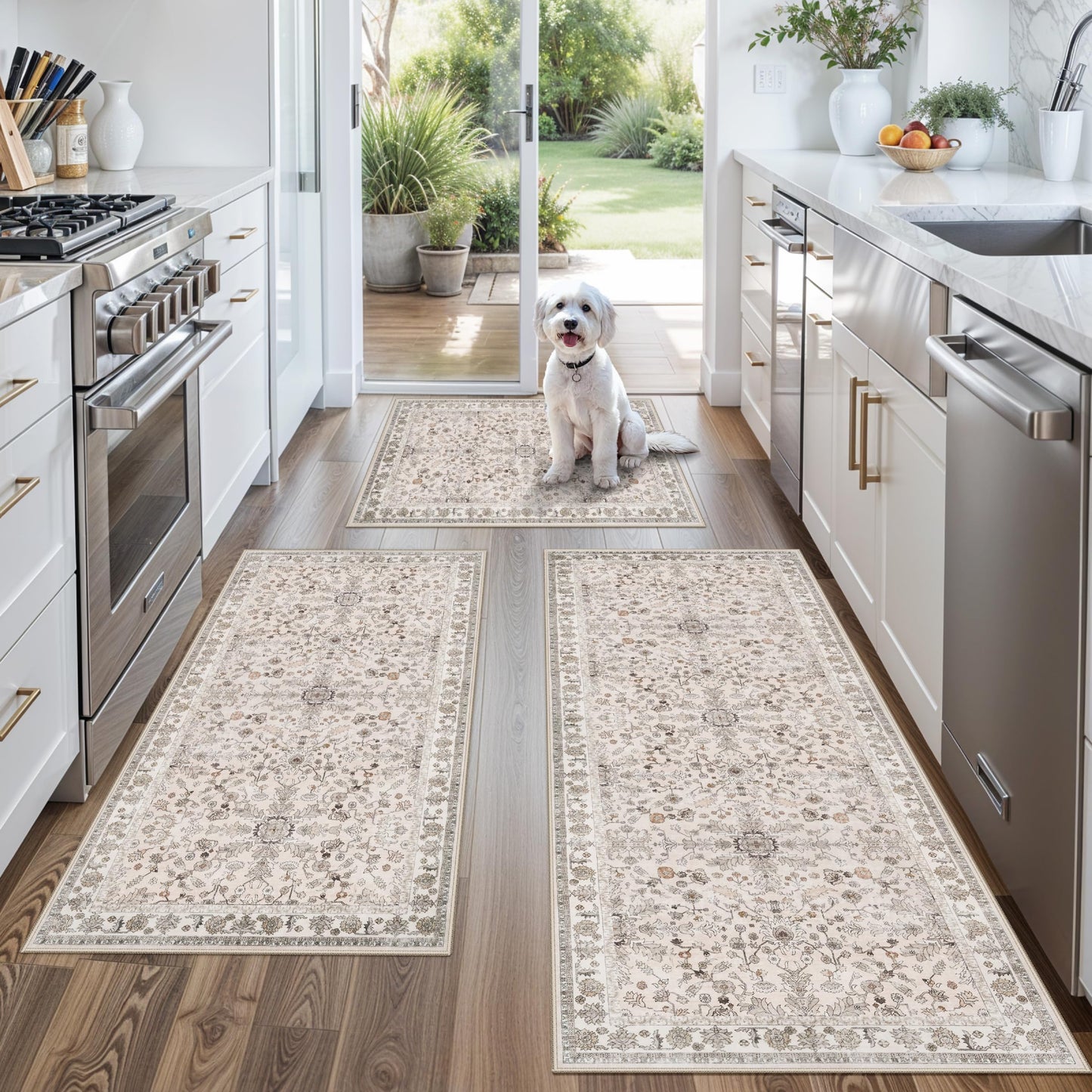 3-Piece Kitchen Rug Set of 3 with Runner – Non-Slip Washable Boho Kitchen Mats for Sink, Floor, Entryway & Hallway & Bathroom – Soft Small Throw Area Rugs, Home Decor (Beige,2x3+2x4+2x5)