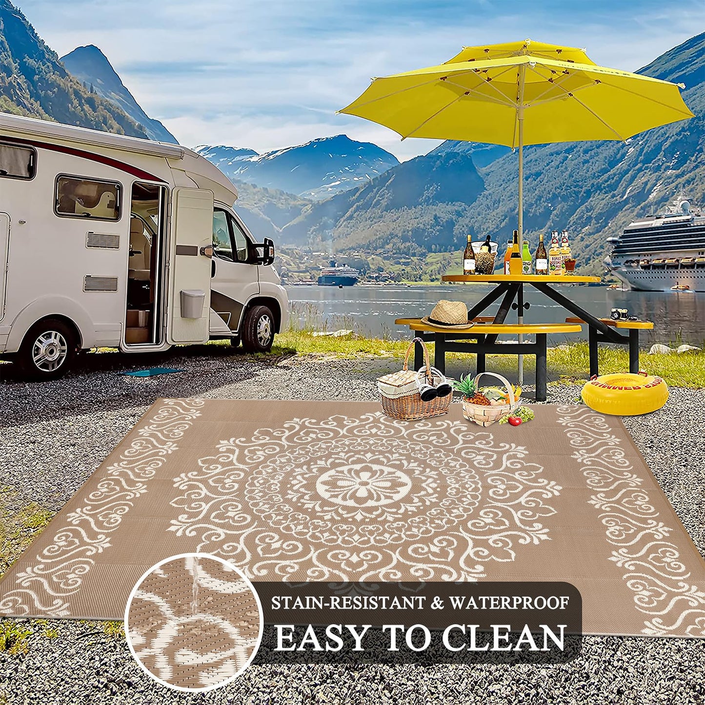 Pauwer Waterproof Outdoor Rug 8x10, Reversible Plastic Straw Patio Camping Rug, Indoor Outdoor RV Mat Carpet for Deck, Camper, Porch, Balcony, Backyard, Picnic, Floral Brown