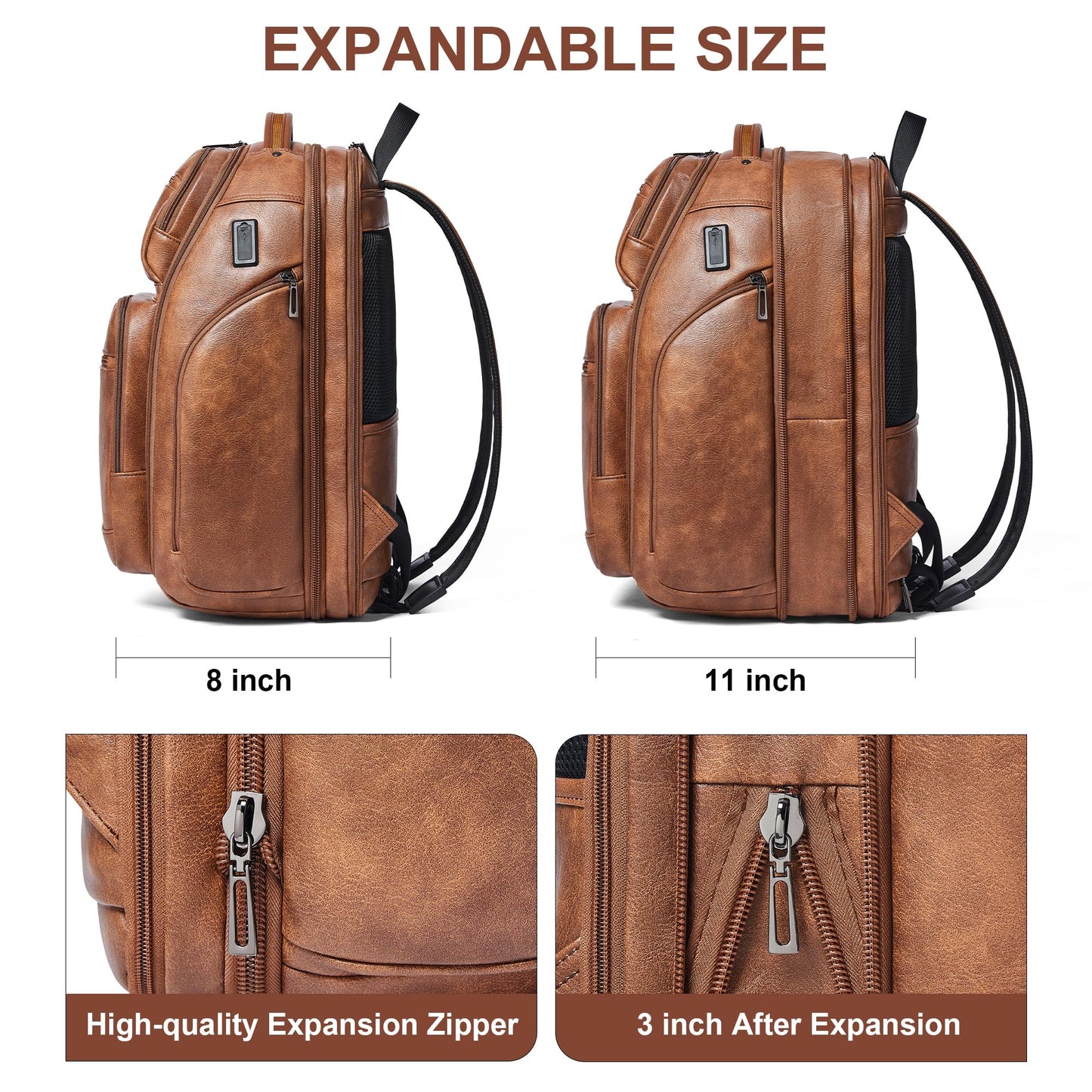 tiamyi Vegan Leather Backpack, 40L Expandable, TSA Travel Backpack for Men and Women, Fits 17.0 Inch Notebook with Luggage Strap and USB Port, Brown