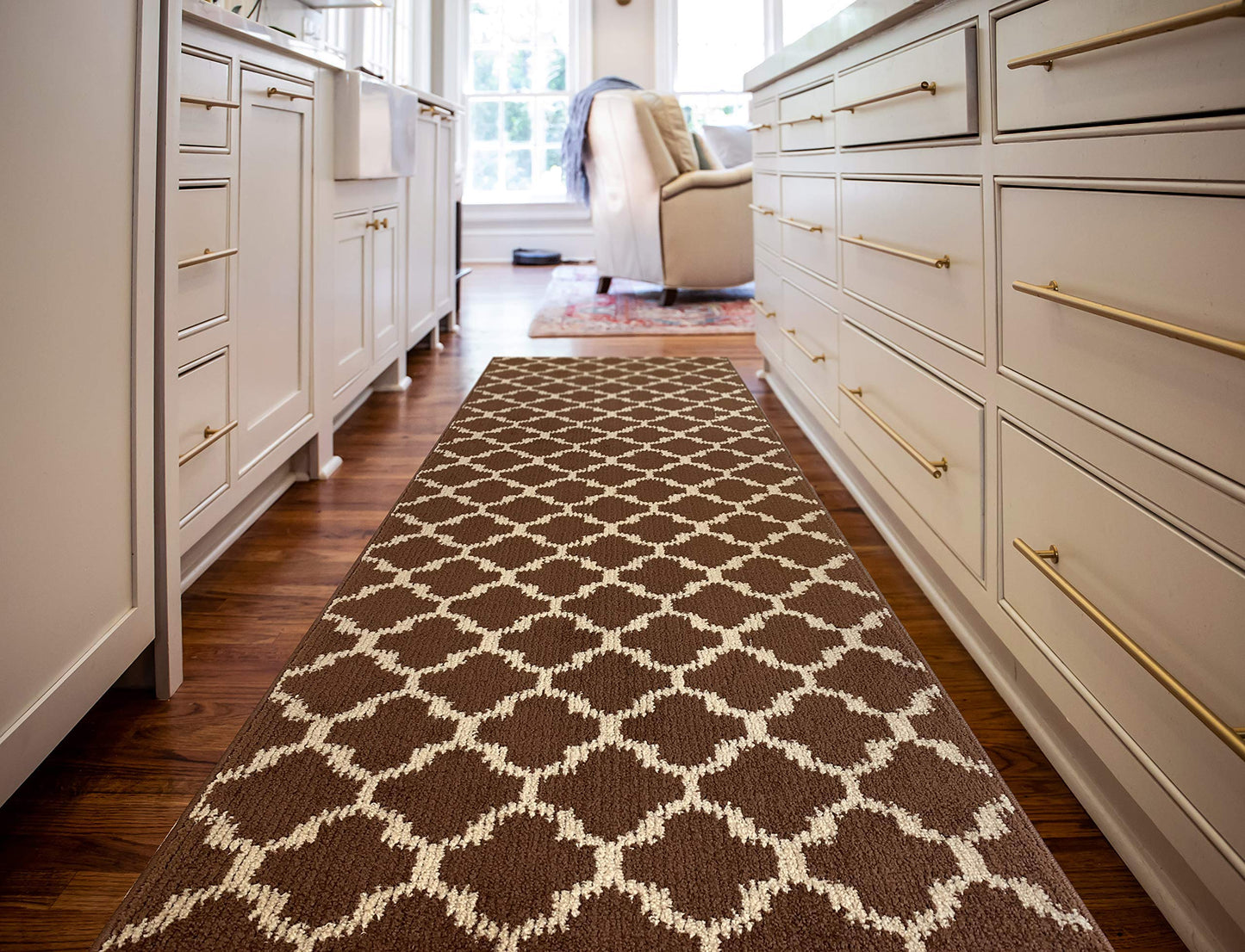 Custom Size Cut to Length Moroccan Trellis Design Runner Rug Mat For Wide Long Hallways with Non-Slip Rubber Backing, Better Traction for Pets, Prevent Slippage, Trellis Brown, 31 inch X 7 feet