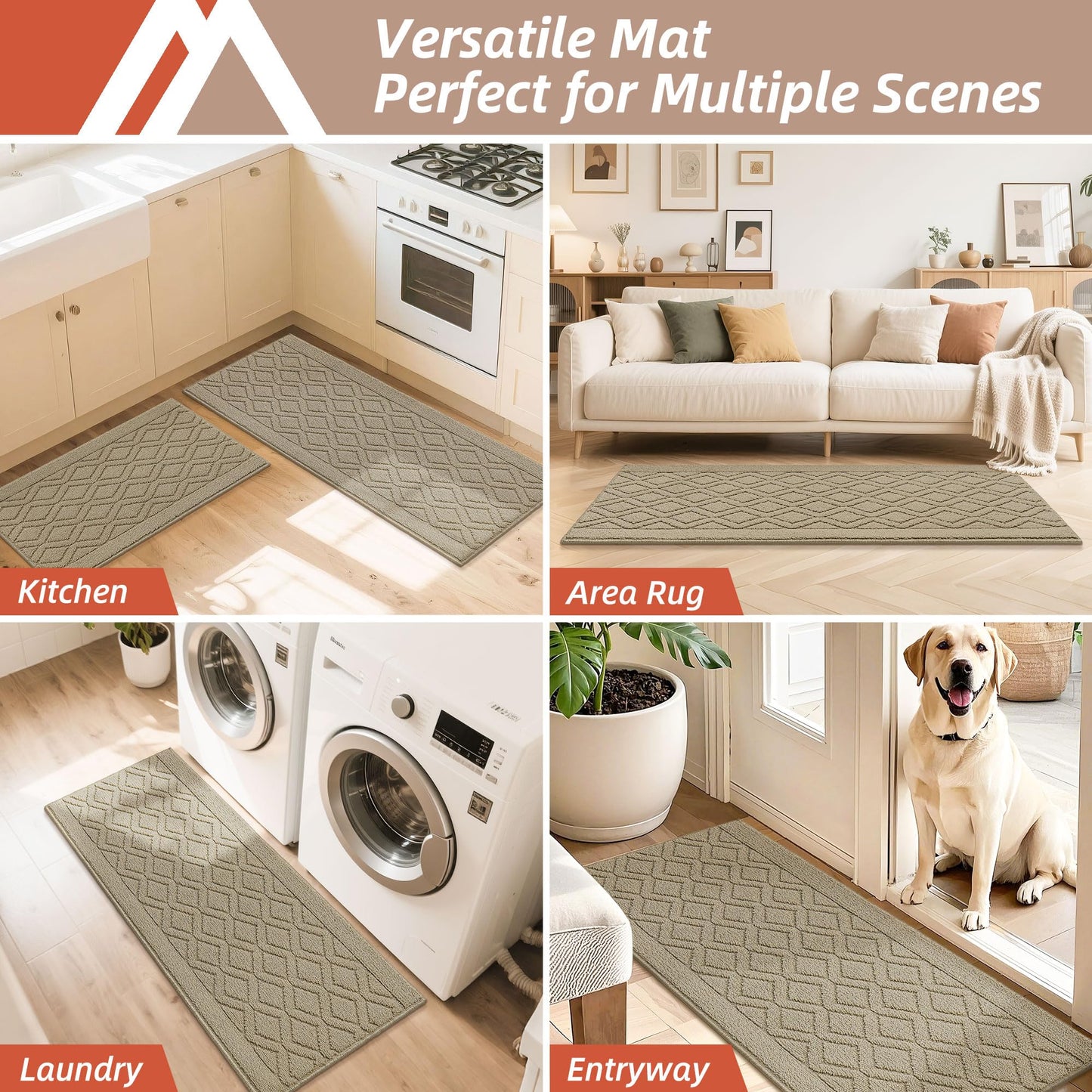 COSY HOMEER 48x20 Inch/30X20 Inch Kitchen Rug Mats Made of 100% Polypropylene 2 Pieces Soft Kitchen Mat Specialized in Anti Slippery and Machine Washable for Home Kitchen,Beige