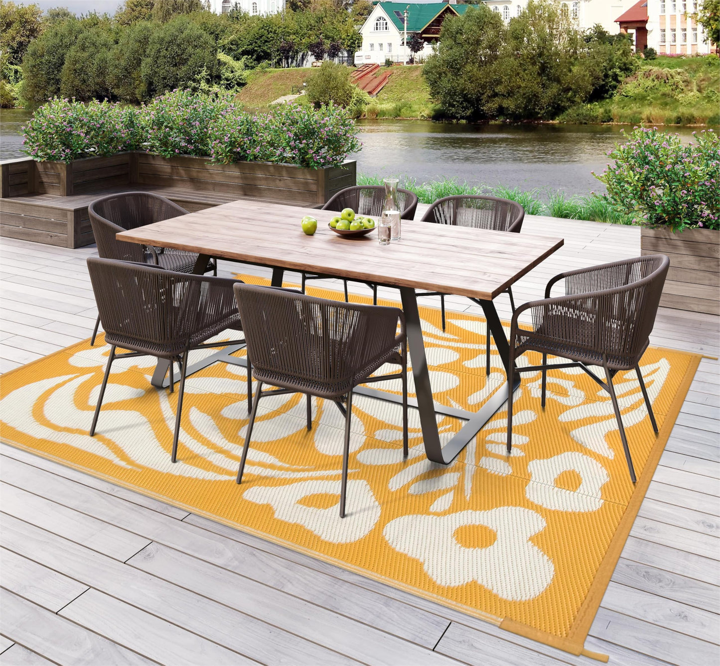 Uphome Outdoor Rugs 8x10 Waterproof, Reversible Orange Floral RV Camping Rug, Patio Plastic Straw Outside Rug, Large Foldable Outdoor Mat Carpet for Backyard Deck Pool Balcony Picnic Beach, 8'x10'