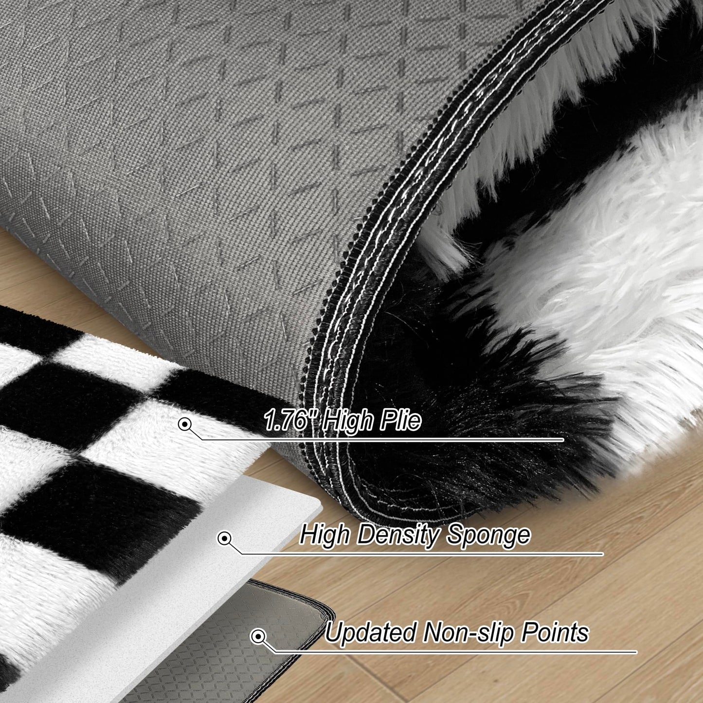 MondayRug Soft Fuzzy Fluffy Rug for Bedroom Living Room Black and White Checkered Rug Shag Runner 2x6 Ft Hallway Runner Plush Shaggy Carpet Non Slip for Bedside Sofa Home Dorm