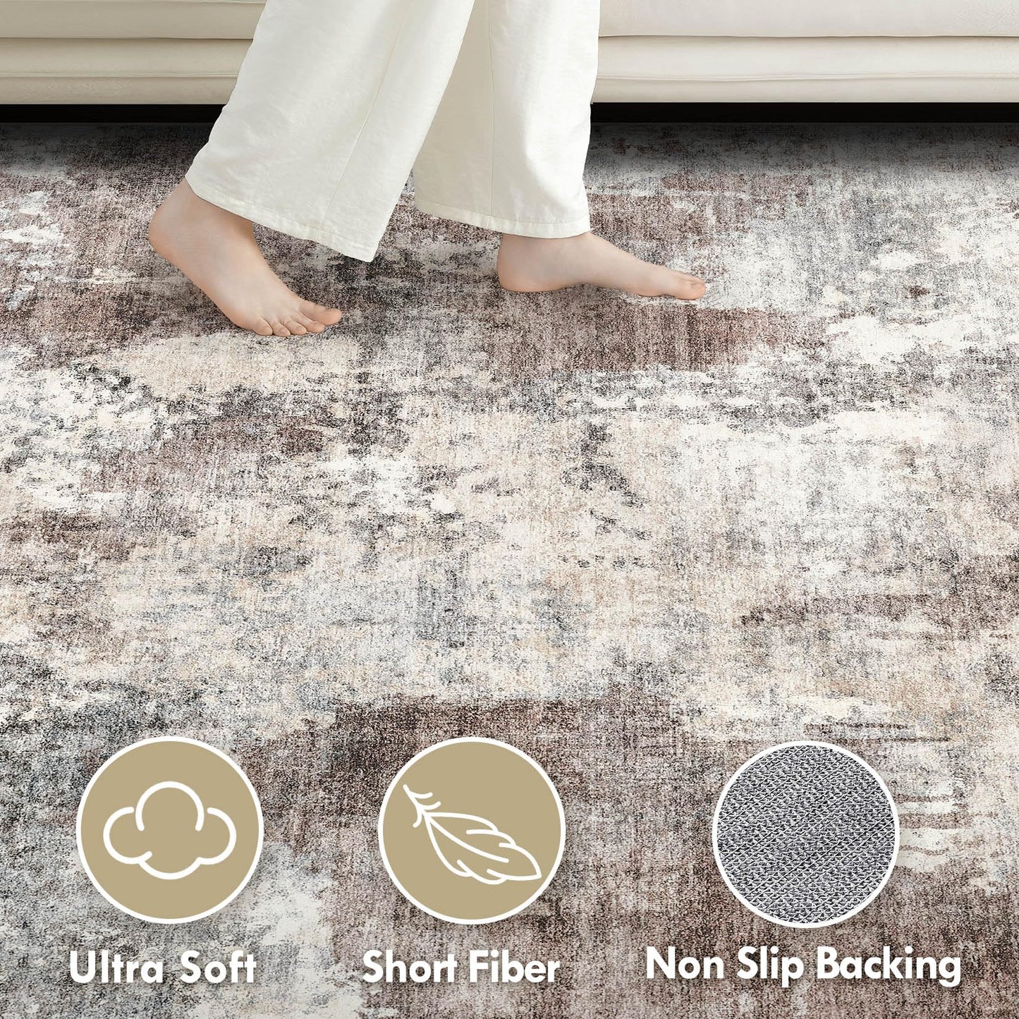 Tortania Washable 6x9 Area Rug for Living Room: Modern Abstract Neutral Large Soft Thin Rugs - Non Slip Indoor Carpet for Bedroom Dining Room Office Nursery Home Floor Decoration - Gray Brown