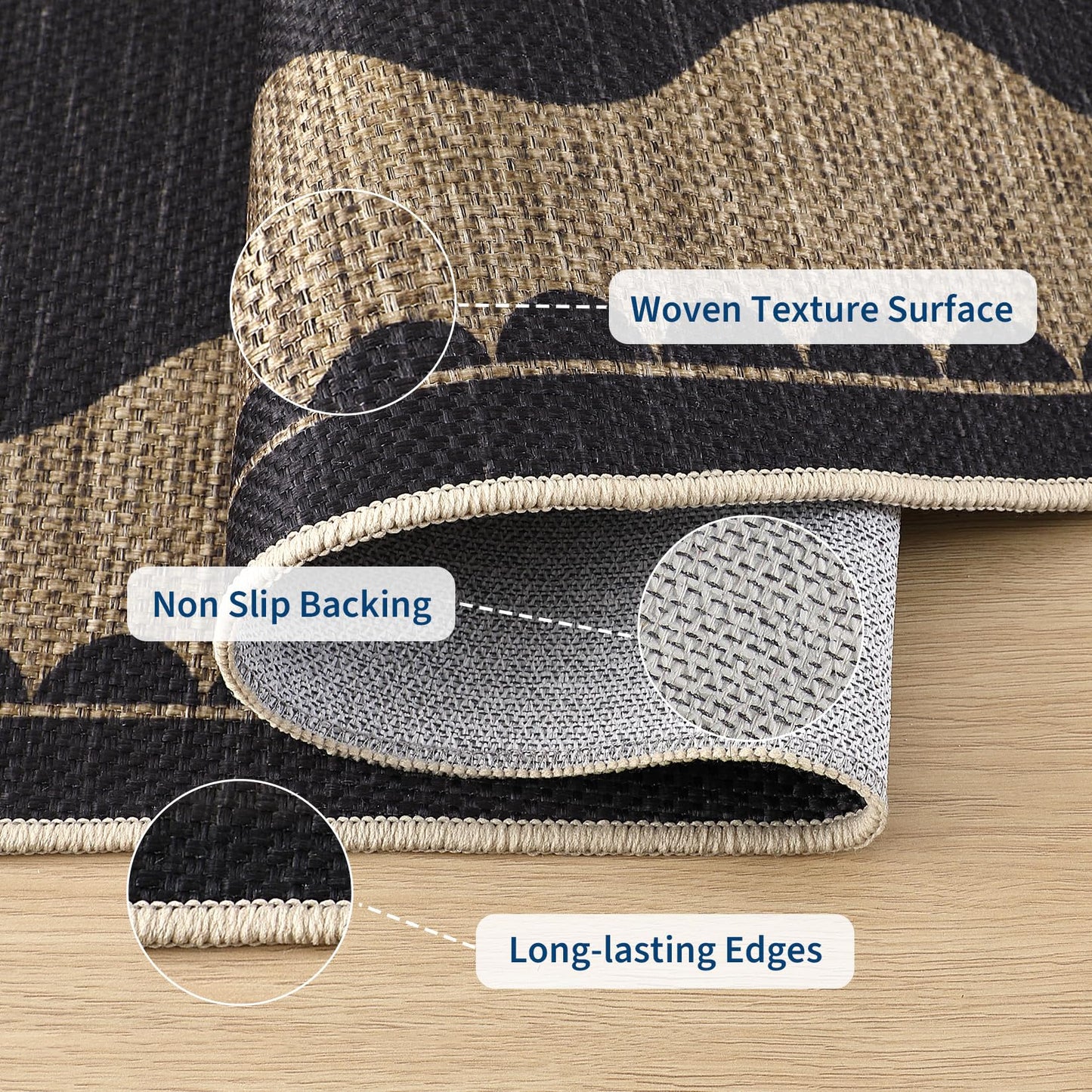 Garvee 2x6 Easy Jute Front Porch Rug, Neutral Scalloped Runner Rug with Non Slip Backing, Bordered Washable Rugs for Entryway, Stain Resistant Non Shedding Mats for Bedroom, Kitchen, Patio, Black