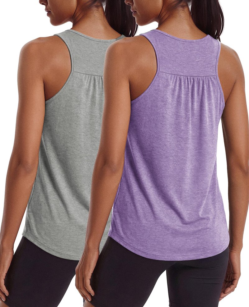 PINSPARK Womens Workout Tops Racerback Loose Fit Athletic Running Summer Tank Top Sleeveless Lightweight Yoga Pilates Fitness Clothing,Light Grey/Light Purple 3XL