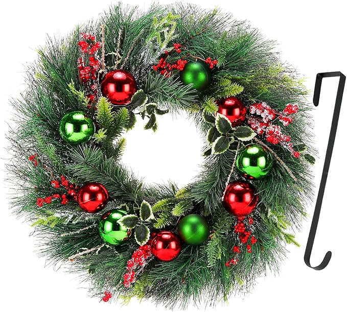 Christmas Wreath, 24inch Christmas Wreaths for Front Door, Artificial Wreaths with Wreath Hanger, Autumn and Winter, Indoors,Outdoors, corridors, Offices. (Green)
