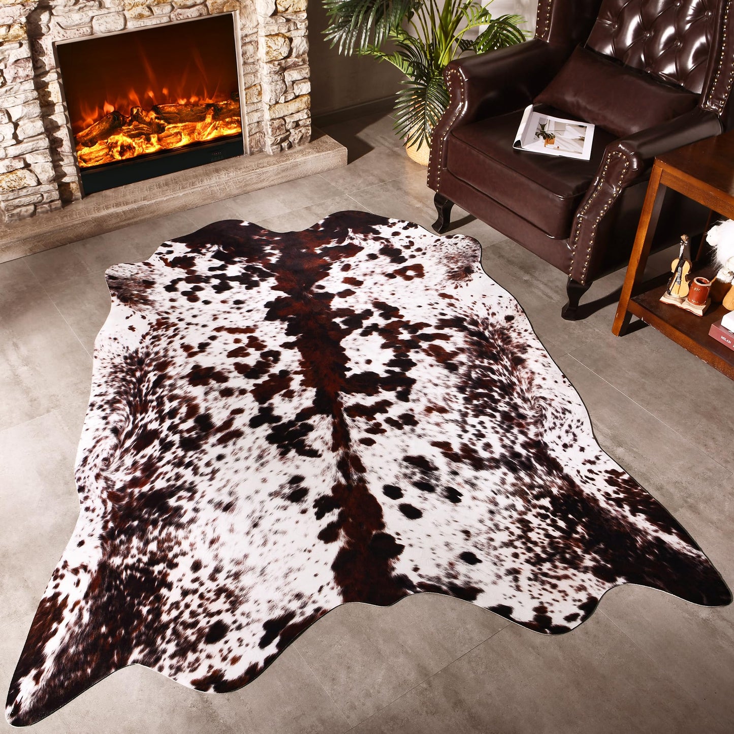 SUNYIWEI Faux Cowhide Rug, 4.6 x 5.2 ft Cowhide Rug for Living Room, Bedroom, Wall - Non-Slip,Brown White