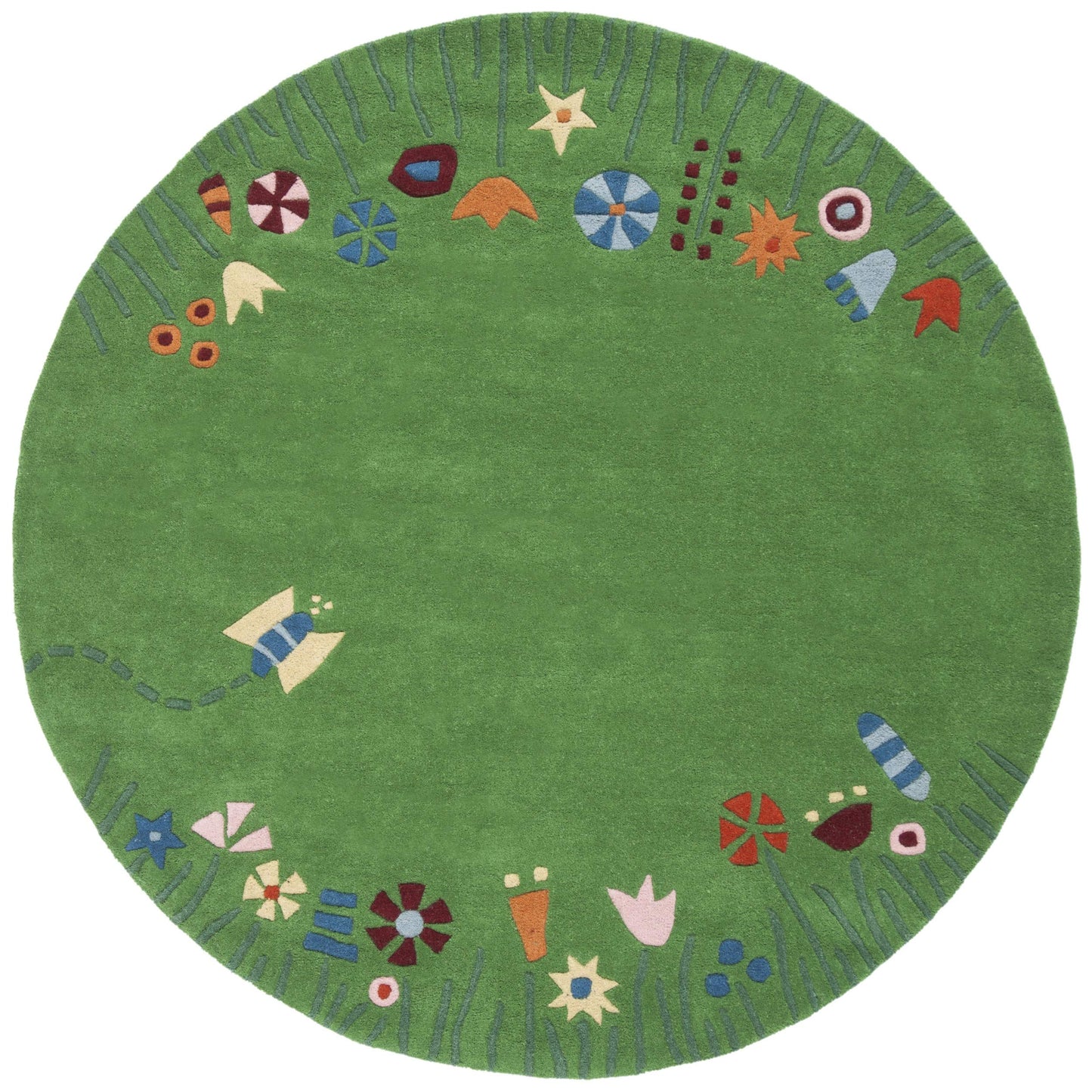 SAFAVIEH Kids Collection Area Rug - 6' Round, Green & Multi, Handmade Grass and Flowers Wool, Ideal for High Traffic Areas in Living Room, Bedroom (SFK751A)