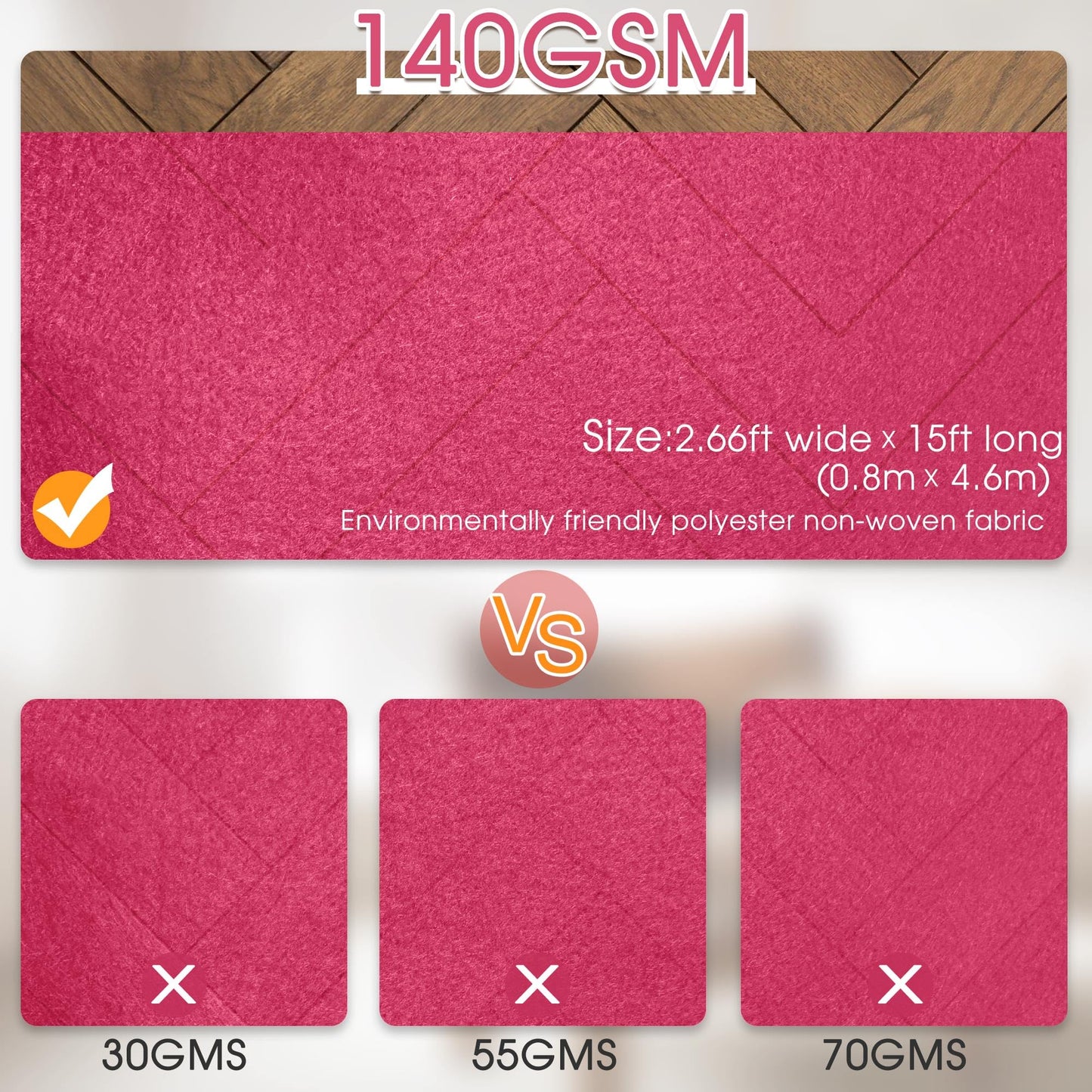 Pink Carpet Runner for Party,140GSM 2.62FTx15FT Carpet Party Decorations,Pink Runway Rug for Prom Felt Non-Woven Fabric,Runner for Wedding Ceremony