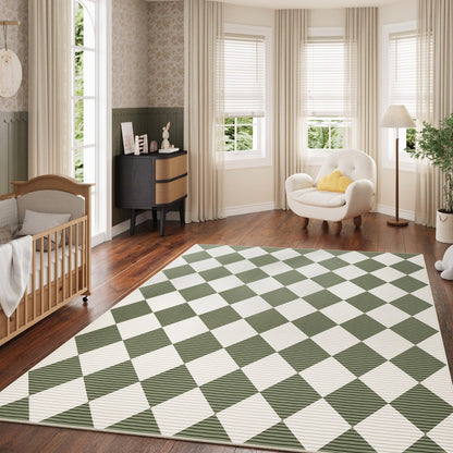 ARKIIKI 5x7 Washable Checkered Rugs for Bedroom, Green and White Area Rug for Living Room, Geometric Faux Wool Carpet for Kids, Girls, Boys Playroom, Dorm, Nursery, Dining Room, Kitchen, Non Slip