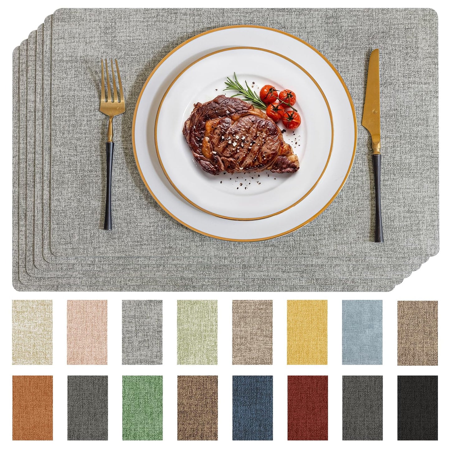 Romanstile Vinyl Placemats Set of 6-12 X 17 Inch - Faux Leather 100% Waterproof Wipeable Anti Slip Place Mats, Heat Resistant Reversible PU Table Mats for Kitchen Dining Party Outdoor, Light Grey