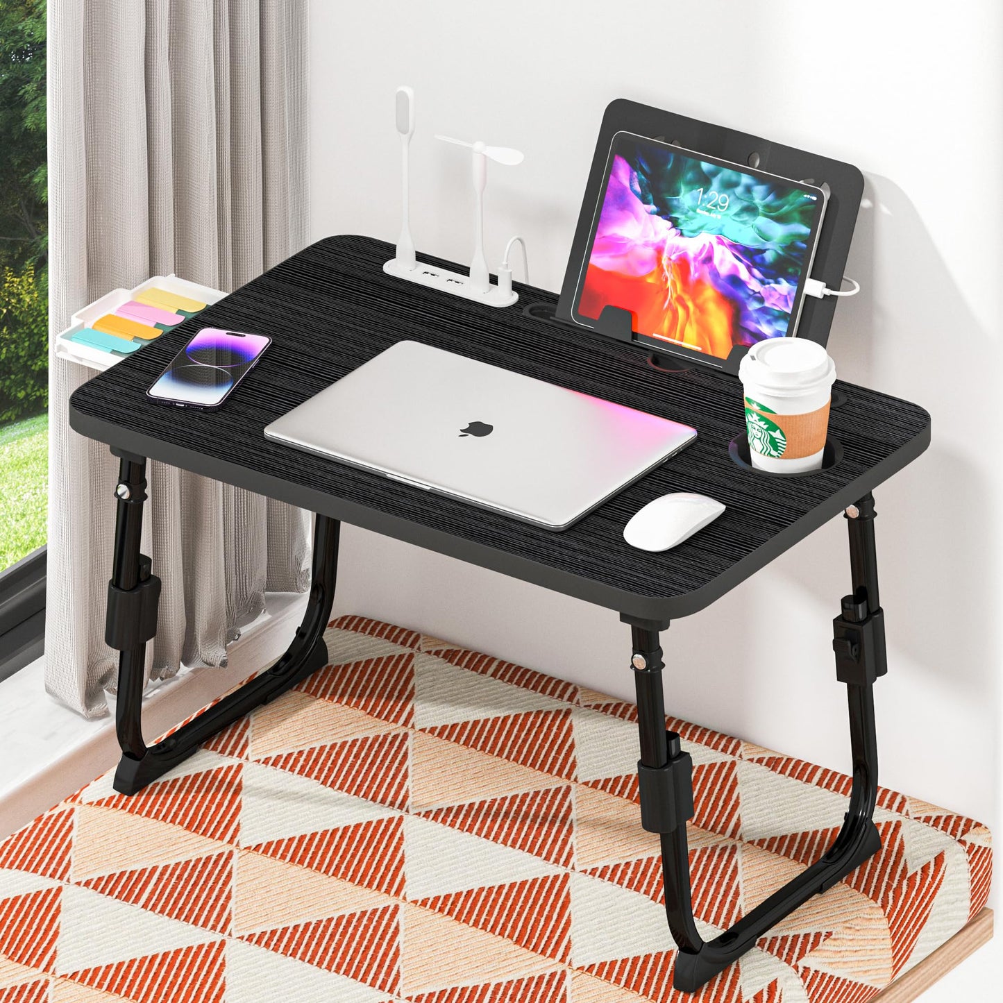 DECOSIS Laptop Desk for Bed Height Adjustable, Lap Bed Table with USB/Storage Drawer/Cup Holder/Tablet Stand/Book Shelf, Foldable Breakfast Tray Portable for Reading Writing, Sofa & Floor, Black