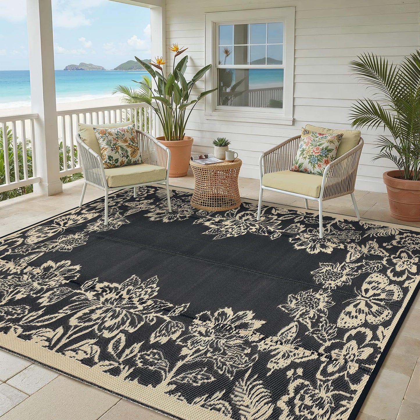 Garvee 5’x8’ Waterproof Patio Outdoor Rug, Outdoor Plastic Straw Rug for Camping, RV Mat Outside, Indoor Outdoor Carpet for Porch, Deck, Backyard, Balcony, Picnic, Black & Brown