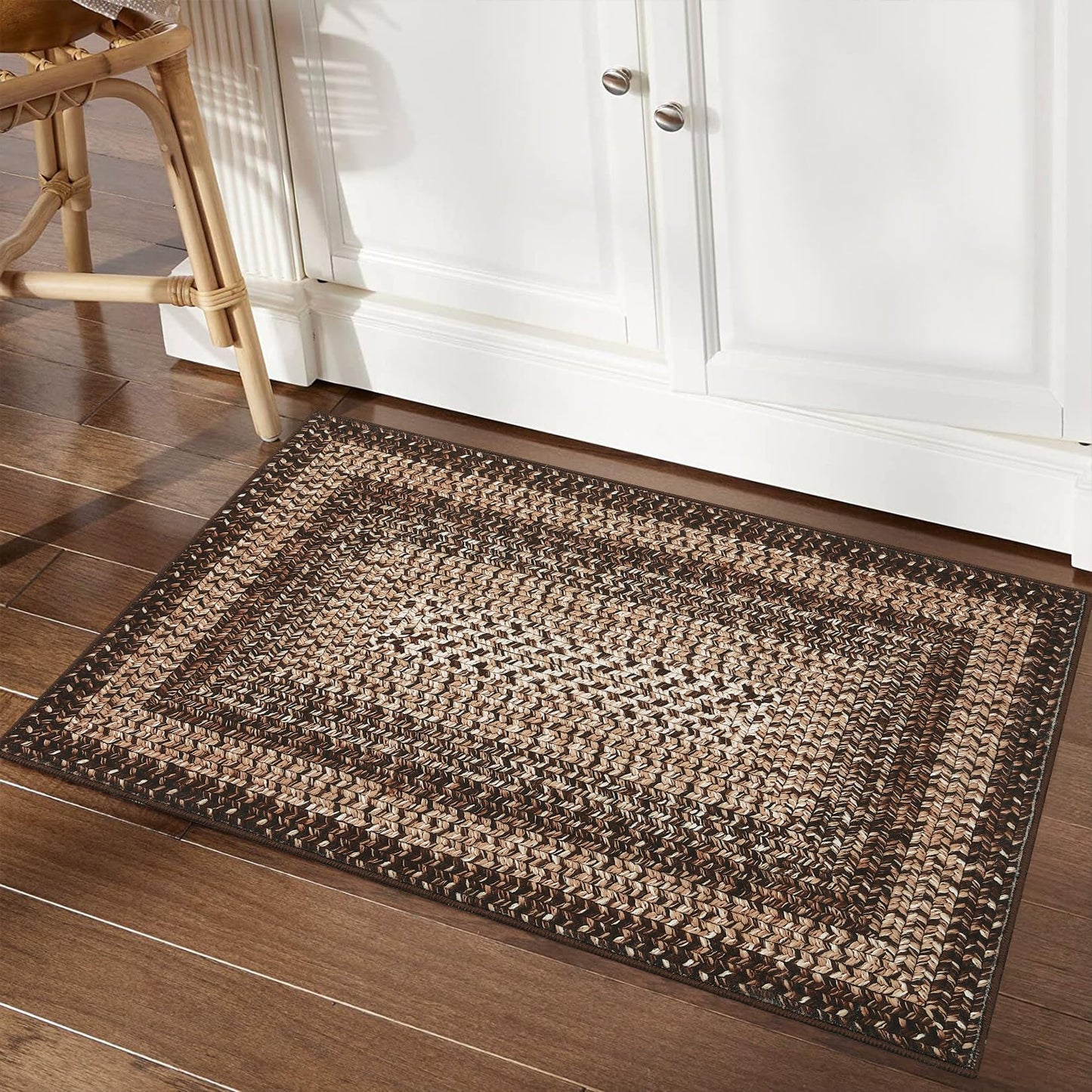 RUGSREAL 2x3 Entry Rug Small Bedroom Area Rug Braided Printed Mat for Living Room Farmhouse Kitchen Mat Indoor Non Slip Rustic Throw Carpet Machine Washable Rug for Sink Under Table, Brown