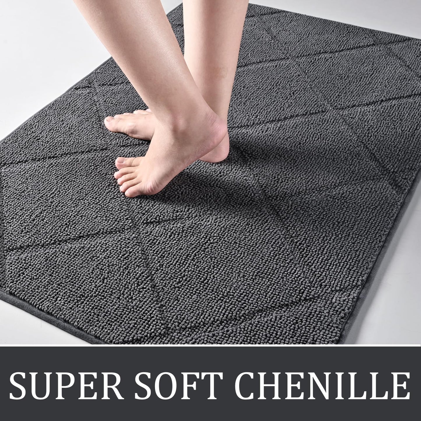 LOCHAS Grey Indoor Door Mat 20x32 Inch, Rubber Backing, Washable Absorbent Chenille Doormat, Low-Profile, Non Slip Microfiber Entrance Mat, Quick Dry Resist Dirt Front Welcome Mats for Entryway Home