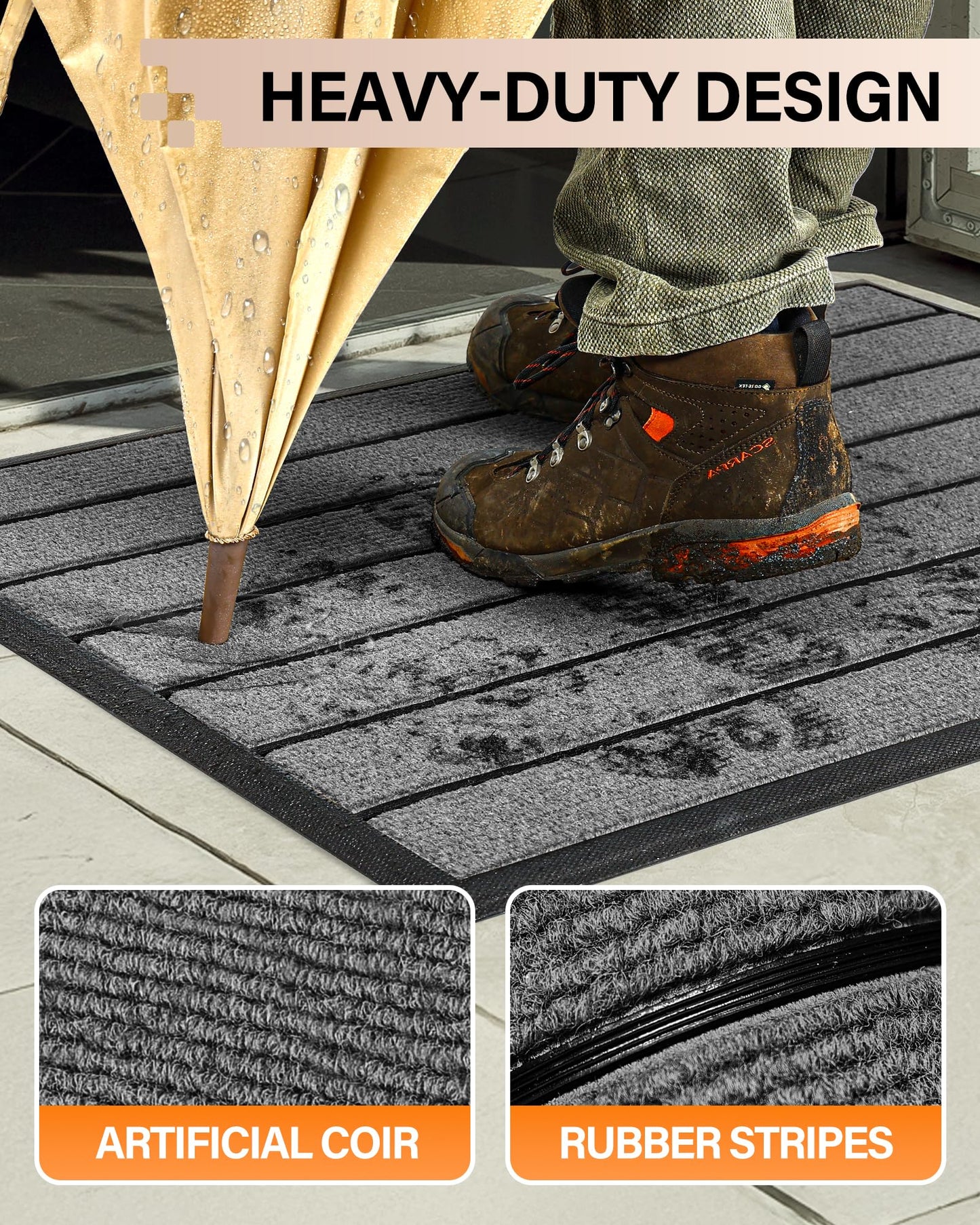 Front Door Mat for Outdoor Entrance: All Weather Non-Slip Welcome Mat for Indoor Entryway, Patio, Garage, Porch - Thin Absorbent Dirt Trapper Doormat - Weatherproof, Easy to Clean - 30" x 17", Gray