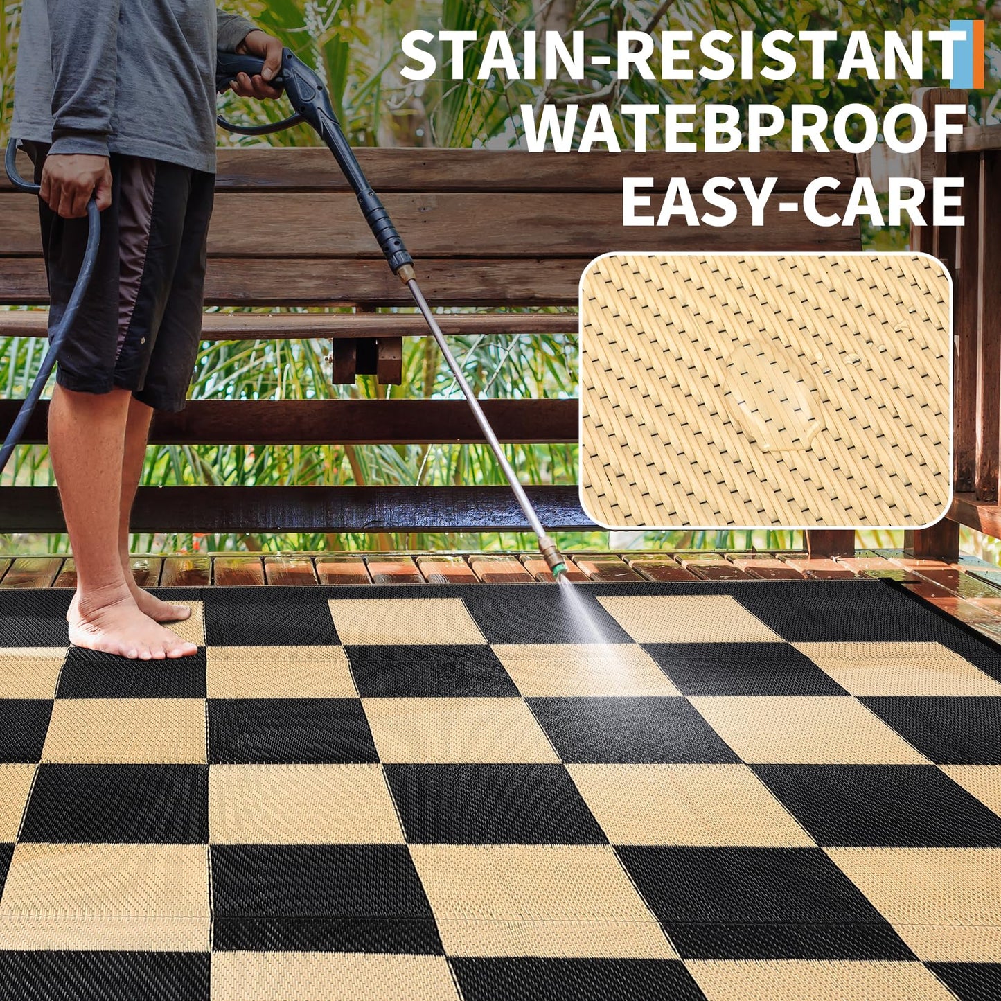 8 * 10ft Checkerboard Outdoor Rug, Reversible Woven Plastic Straw Patio Mat, Portable Floor Mat, Checkered Camping Carpet with Corner Loops for RV, Deck, Picnic, Balcony, Black & Brown